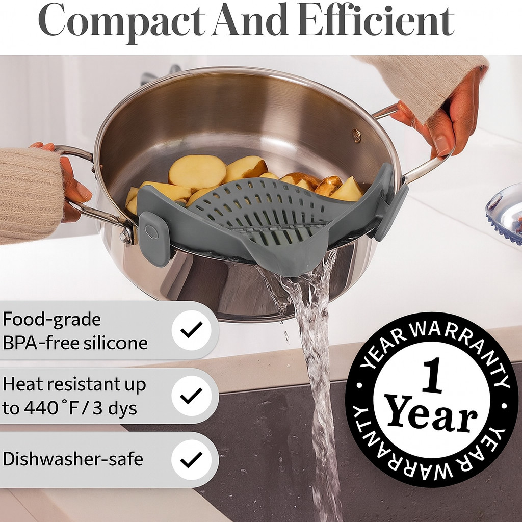 Silicone Clip-On Colander Heat Resistant Strainer for Pasta Noodles Vegetab