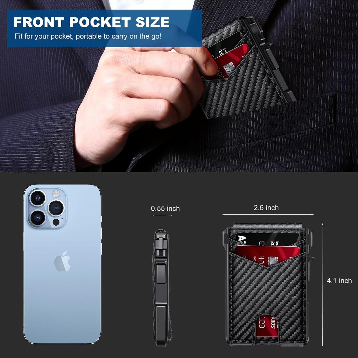 Men's Slim PopUp Bifold Carbon Fiber Wallet, RFID Blocking, Money Clip, Men Gift