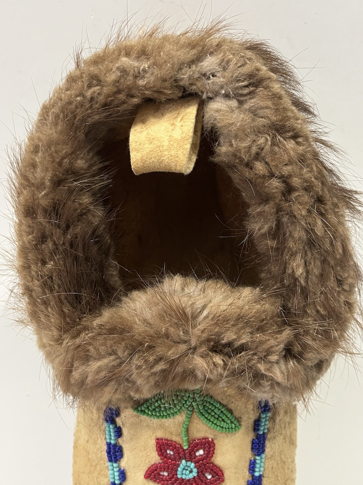 Single Vintage Beaded Indian Moccasin On Hide -Rabbit Fur With Floral Beading