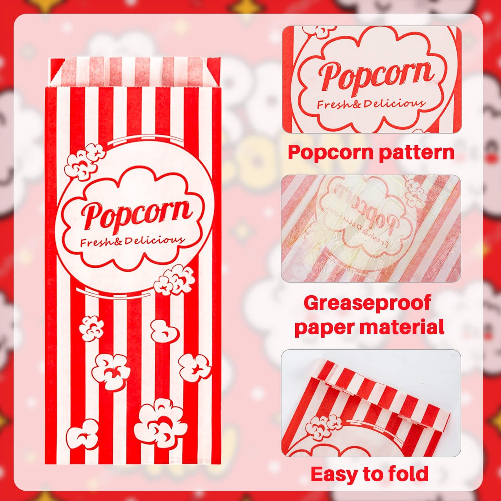 100PCS Popcorn Bags Individual Servings - Disposable Paper Popcorn Bags Party...