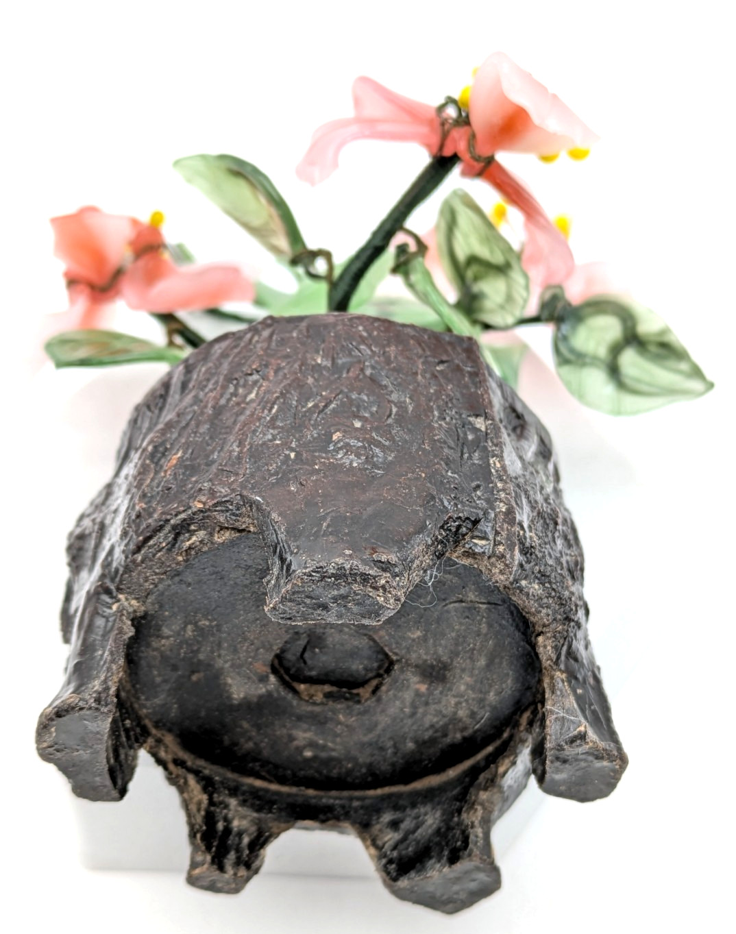 Asian Pink & Green Jade Glass Bonsai Flowers In Footed Pot Signed