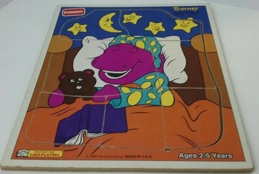 Playskool Barney Wooden Puzzle 1993 Beddy Bye Barney 7 pieces