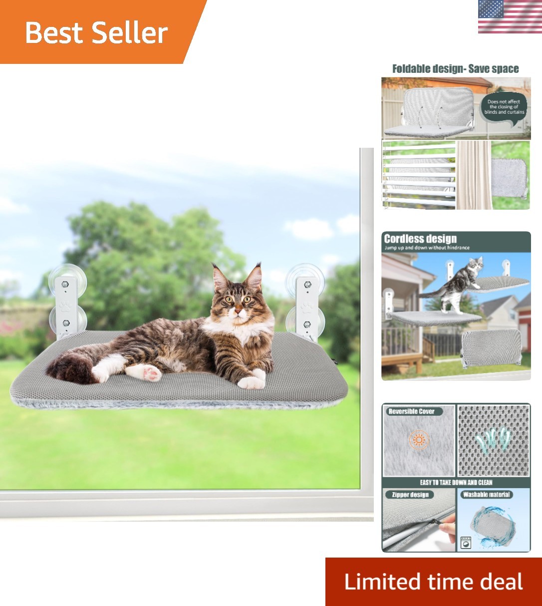 Foldable Cat Window Hammock Perch - Cordless Lounger for Indoor Cats, M Size