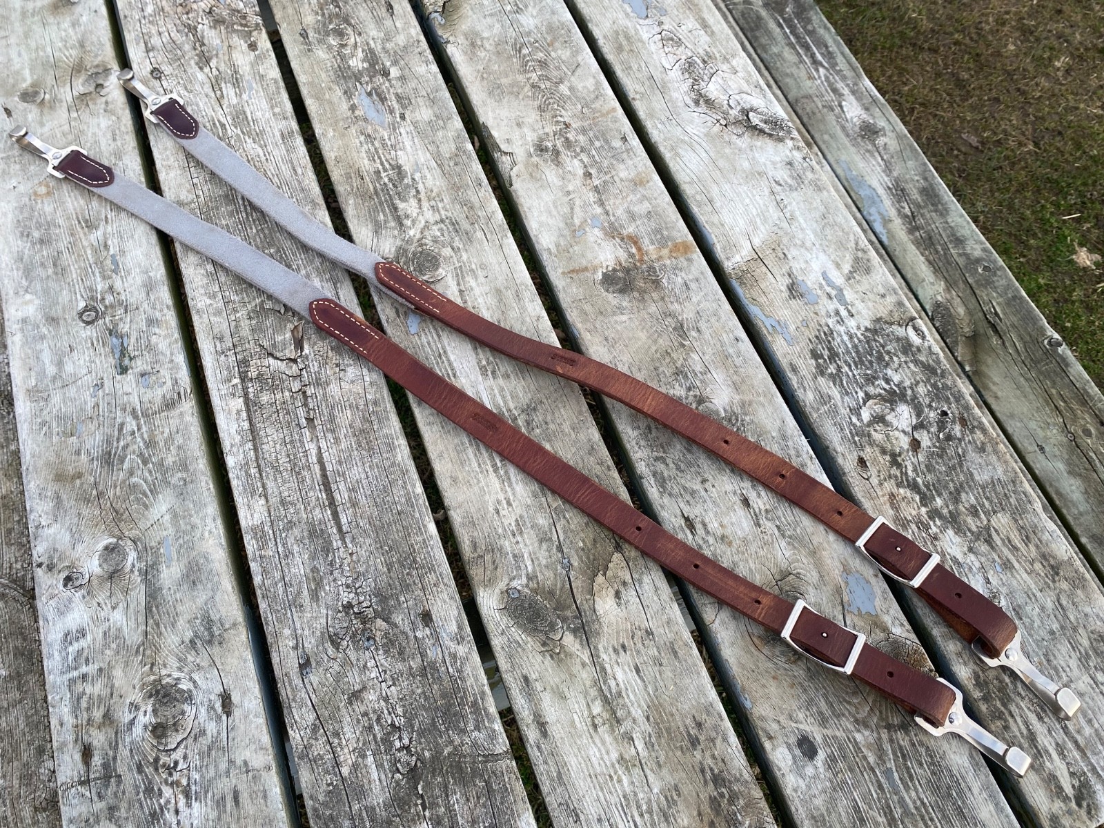 Lightly used Schutz Bros leather & elastic side reins horse training aid US made