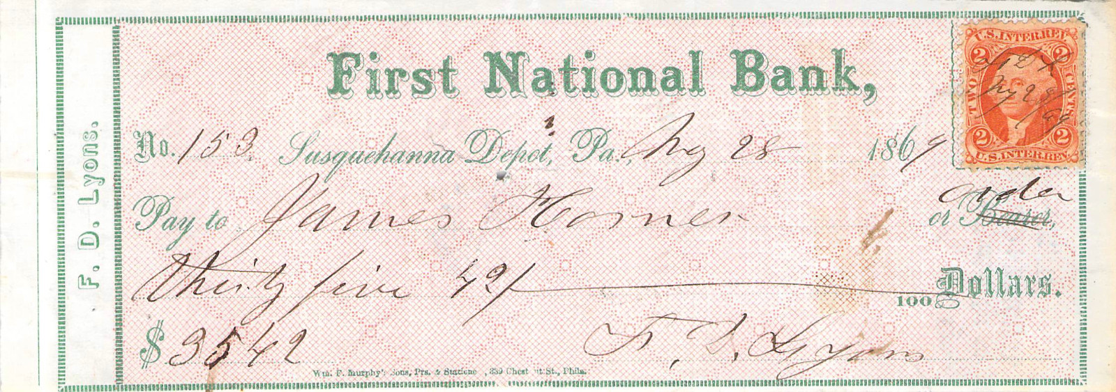 1869 CHECK INVOICE RECEIPT REVENUE STAMP SUSQUEHANNA DEPOT PA
