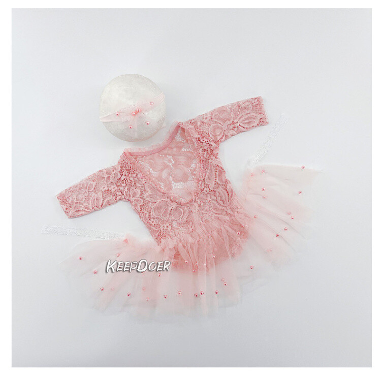 Newborn Baby Girl Lace Pearl Dress Skirt Headband Photography Props Photo Shoot