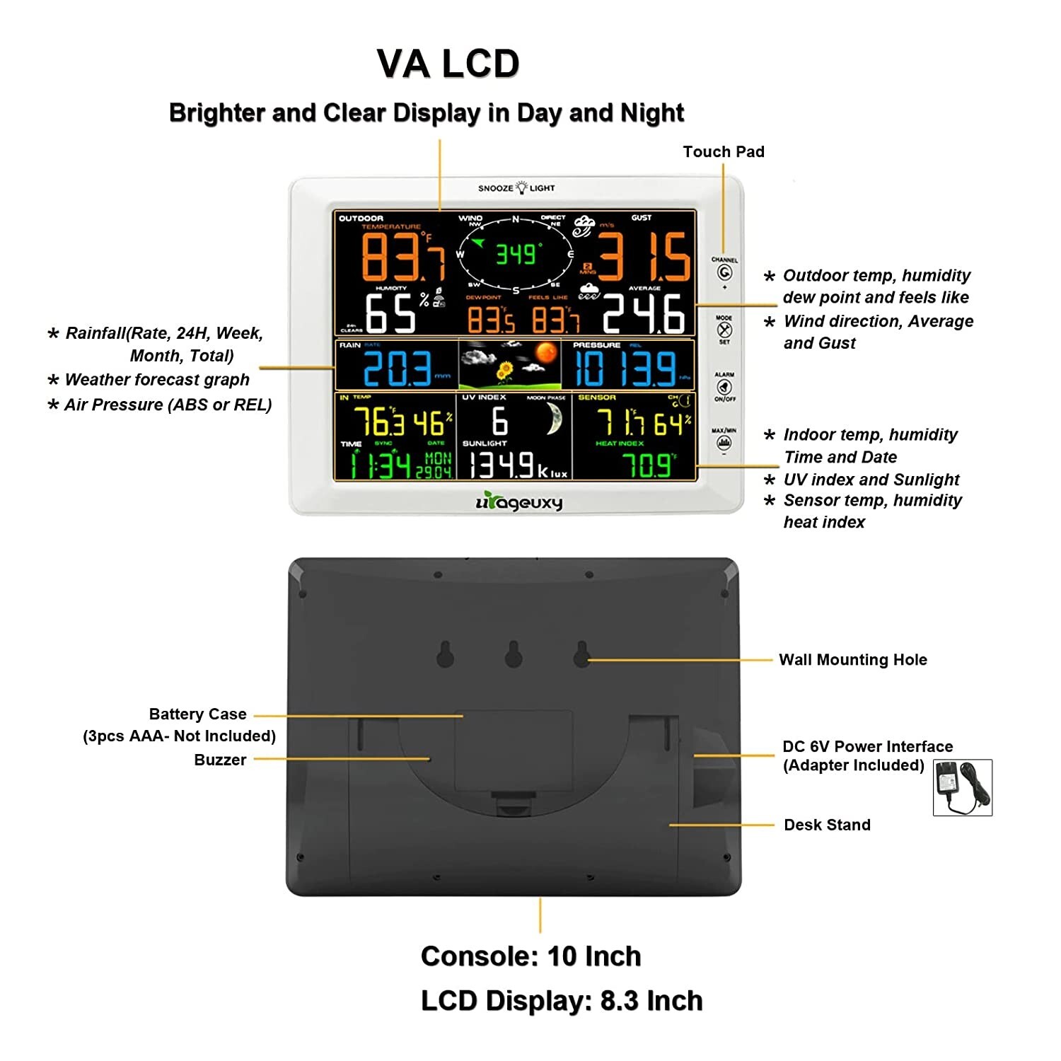 Home Wi-Fi Smart Weather Station Big 10" Color LCD and Outdoor Wireless Sensors