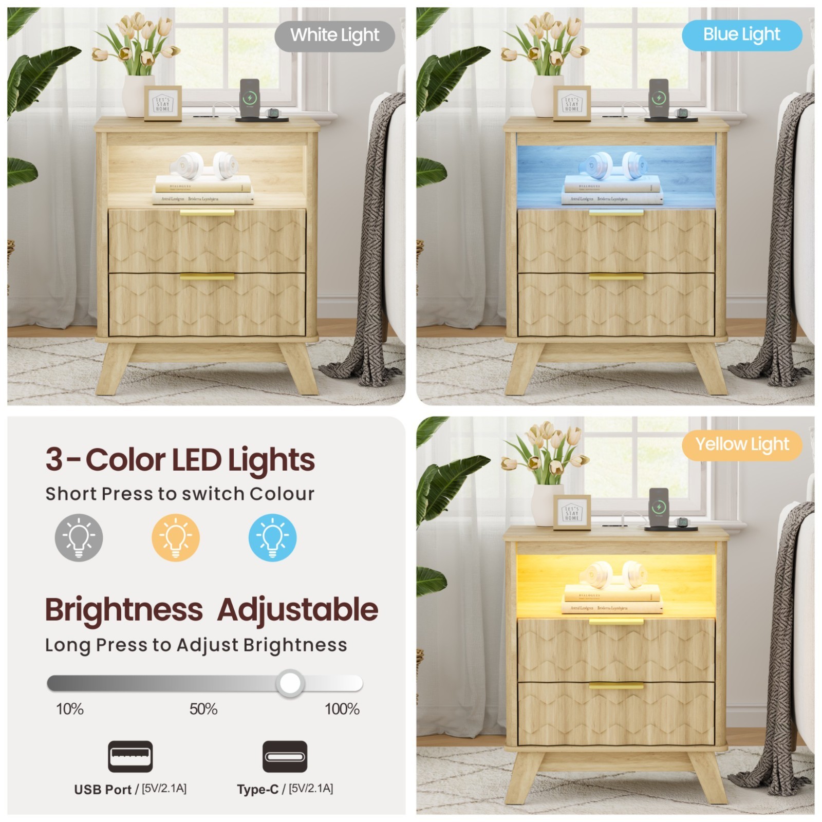 Gurexl LED Nightstand - with Auto Sensor, Natural Night Stand with 3 Color Light