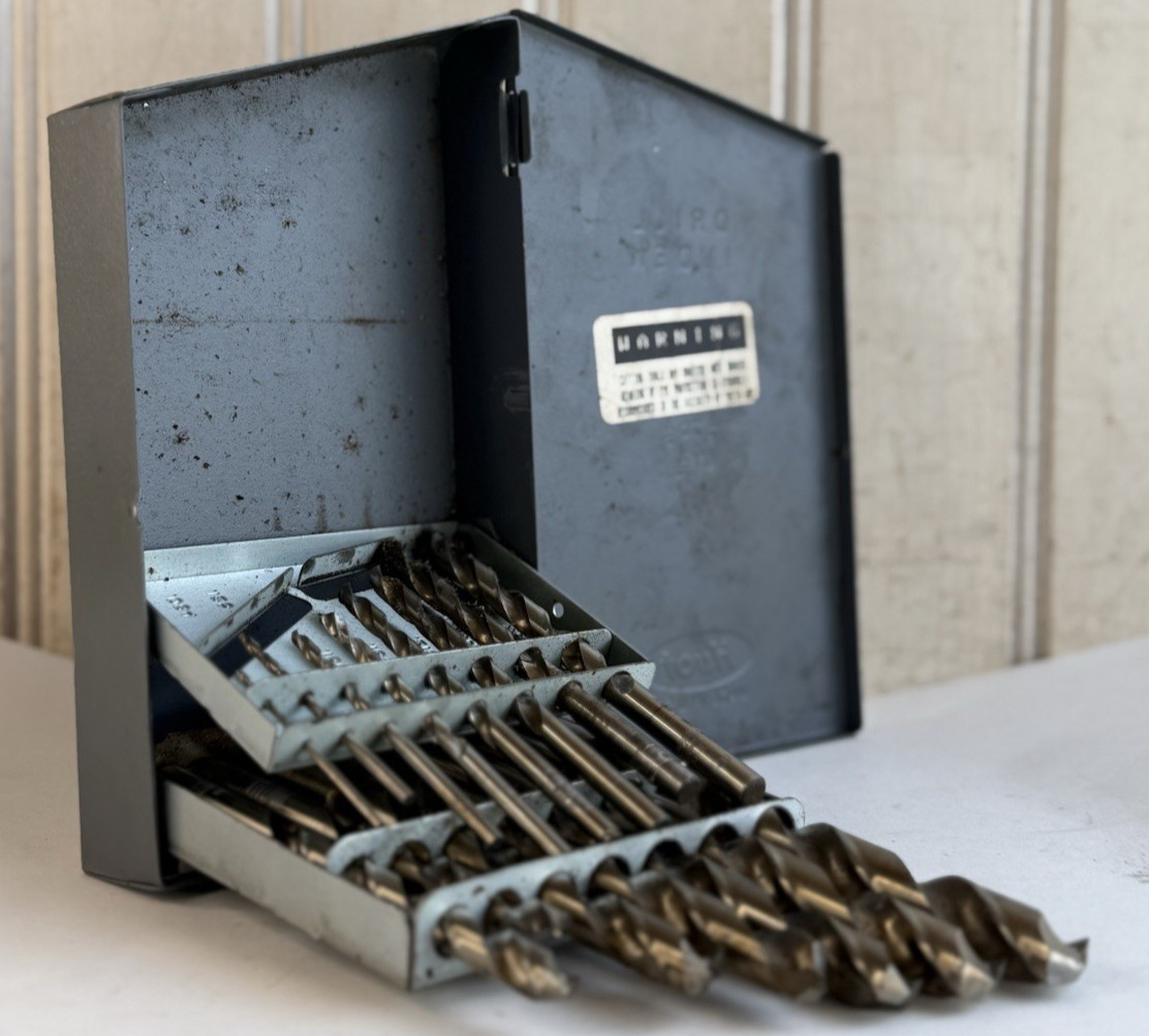 Vintage Drill Bit Holder HUOT 1/16 To 1/2 By 1/32 with assorted bits / used