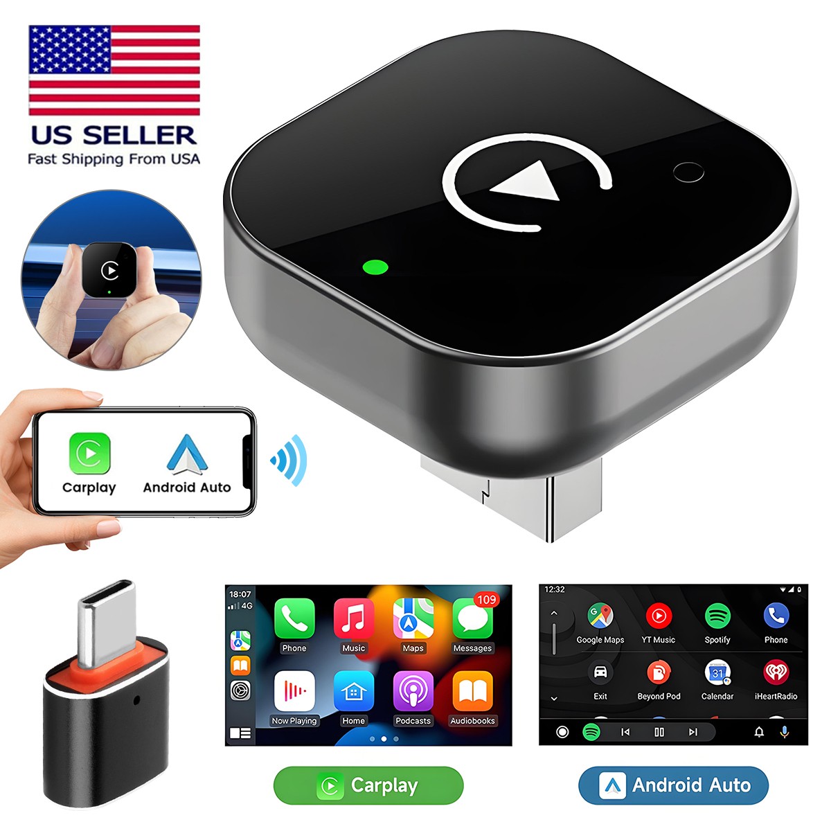 USB Auto Wireless CarPlay Adapter For Apple Android Wireless Dongle Plug ＆ Play