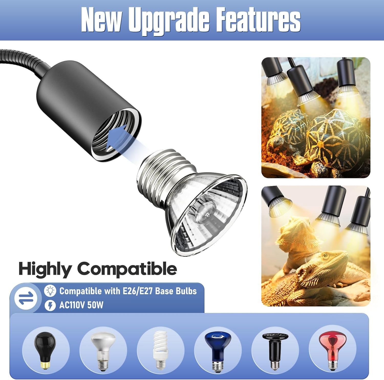 Reptile Heat Lamp Turtle Lizard 4 Bulb Adjustable Basking Heating Lamp with Clip