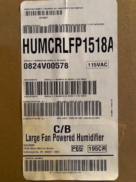 Carrier HUMCRLFP1518 120V 1PH 18GAL/DAY HUMIDIFIER (NEW)