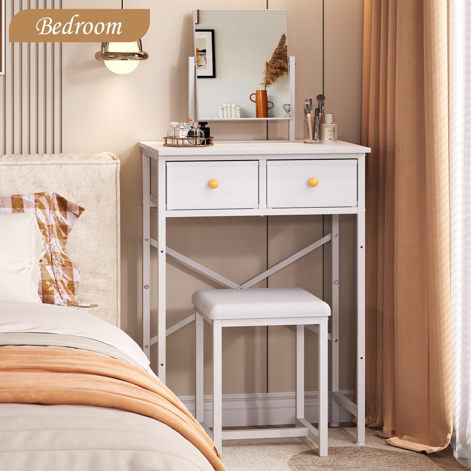 Small Makeup Vanity Desk with Mirror & Chair, Table Set W/ Fabric Storage Drawer