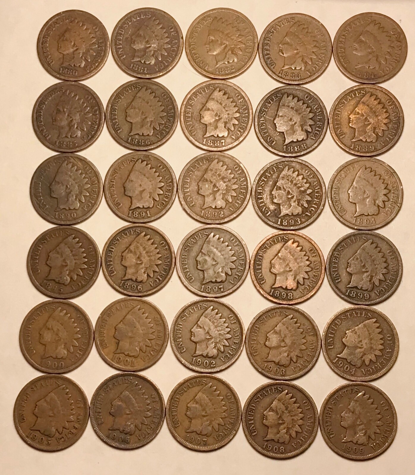 Short Set 1880 - 1909 Indian Head Cent Penny (30 COINS) G / VG  FREE SHIPPING