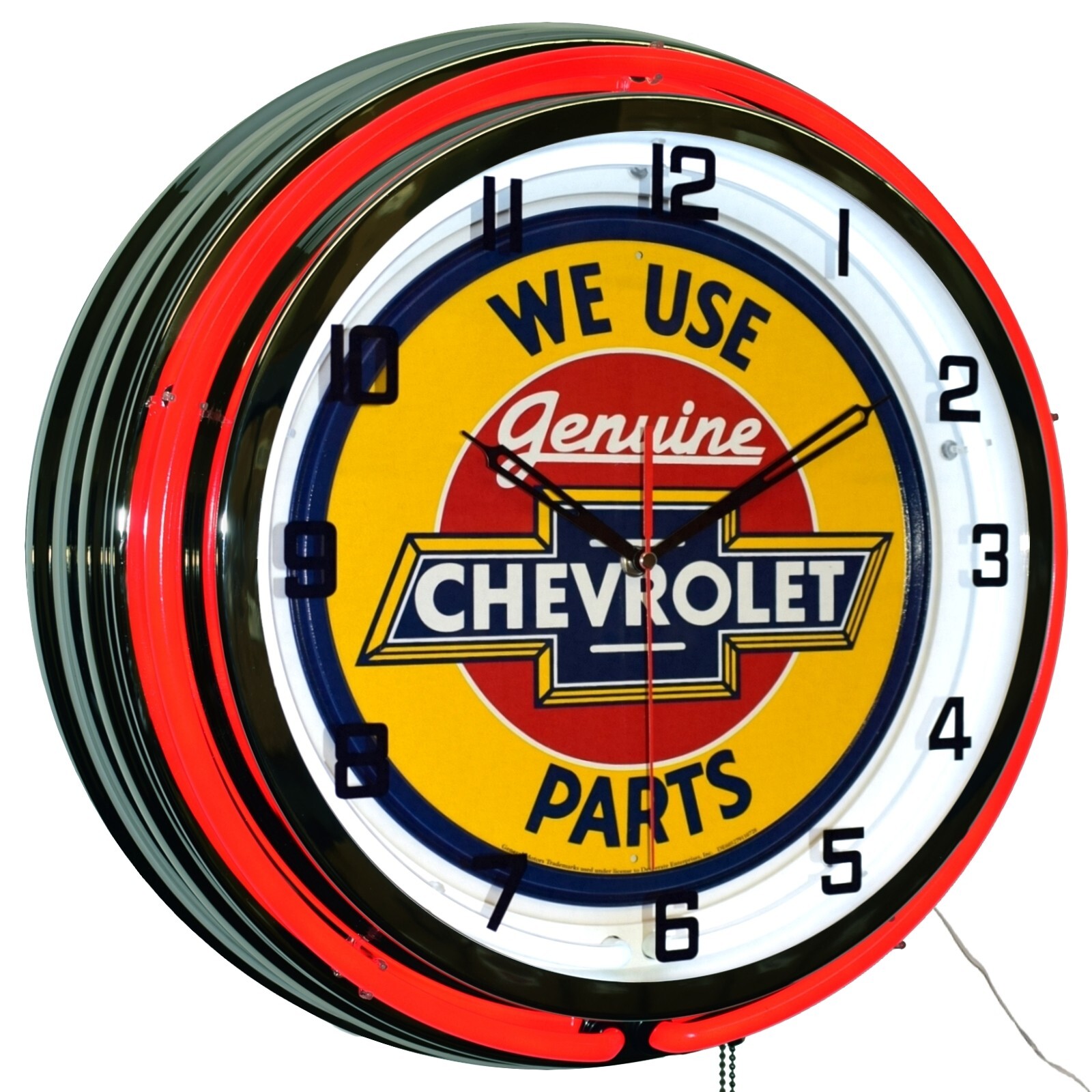 19" We Use Genuine Chevrolet Parts Sign Double Neon Clock Garage Decor (Red)