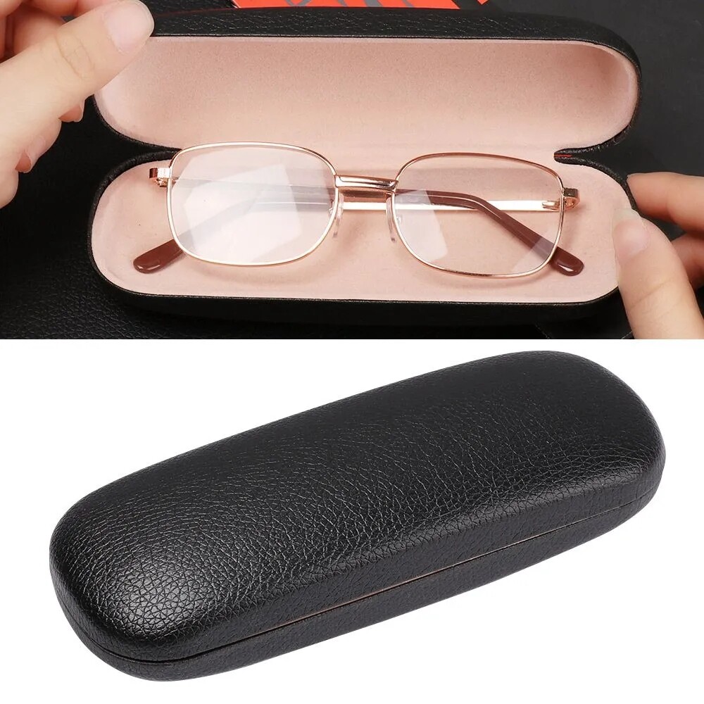 NEW Clam Shell Hard Eyeglasses PU Glasses Case Black w/Microfiber Cleaning Cloth