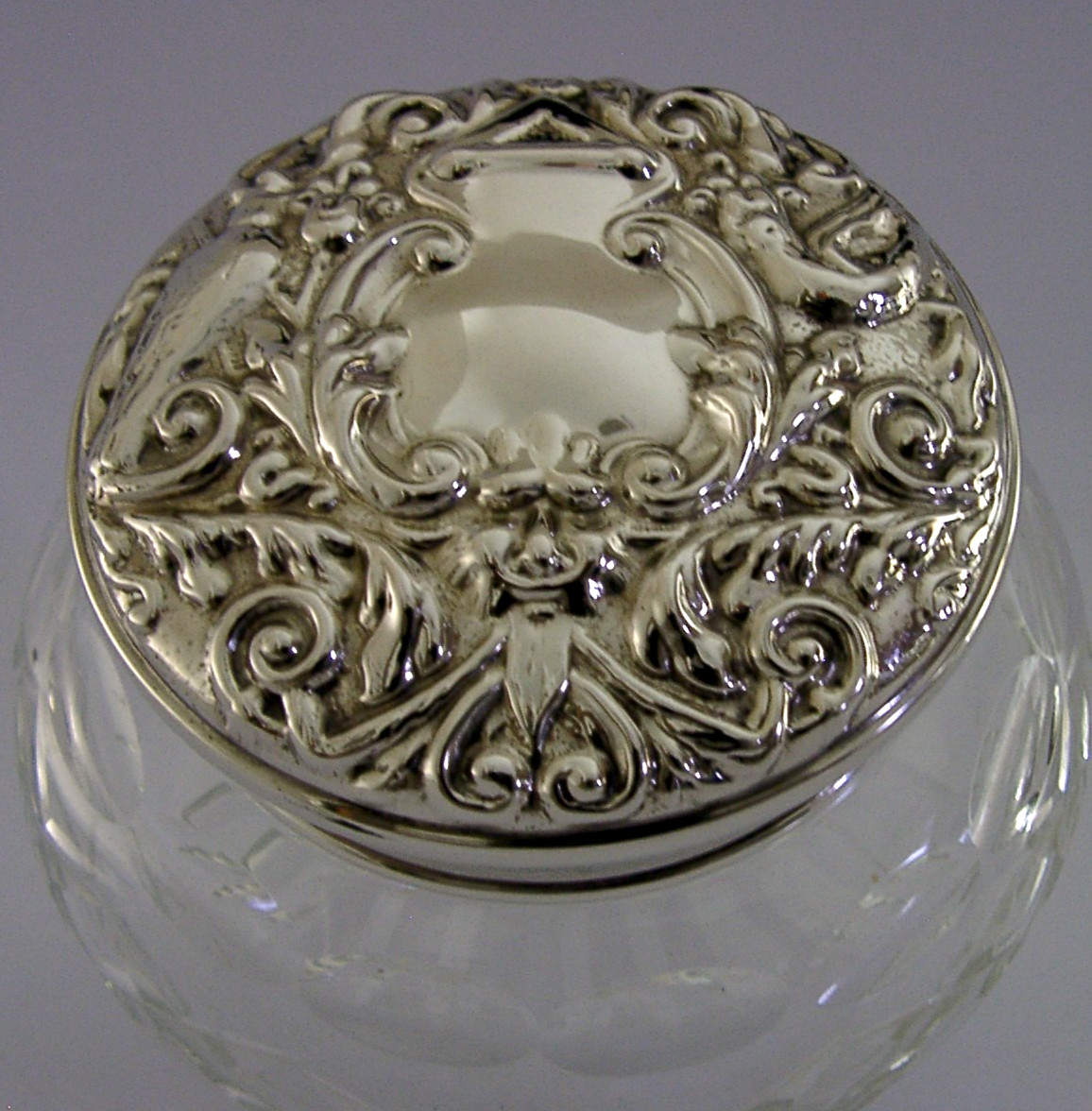 LARGE STERLING SILVER CUT GLASS POT JAR ENGLISH 1979 THE GREEN MAN