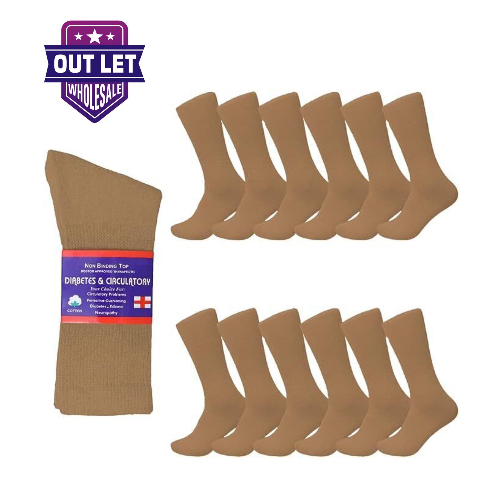 6-12 Pairs Health Circulatory Cotton Crew Diabetic Socks Size 9-11, 10-13, 13-15