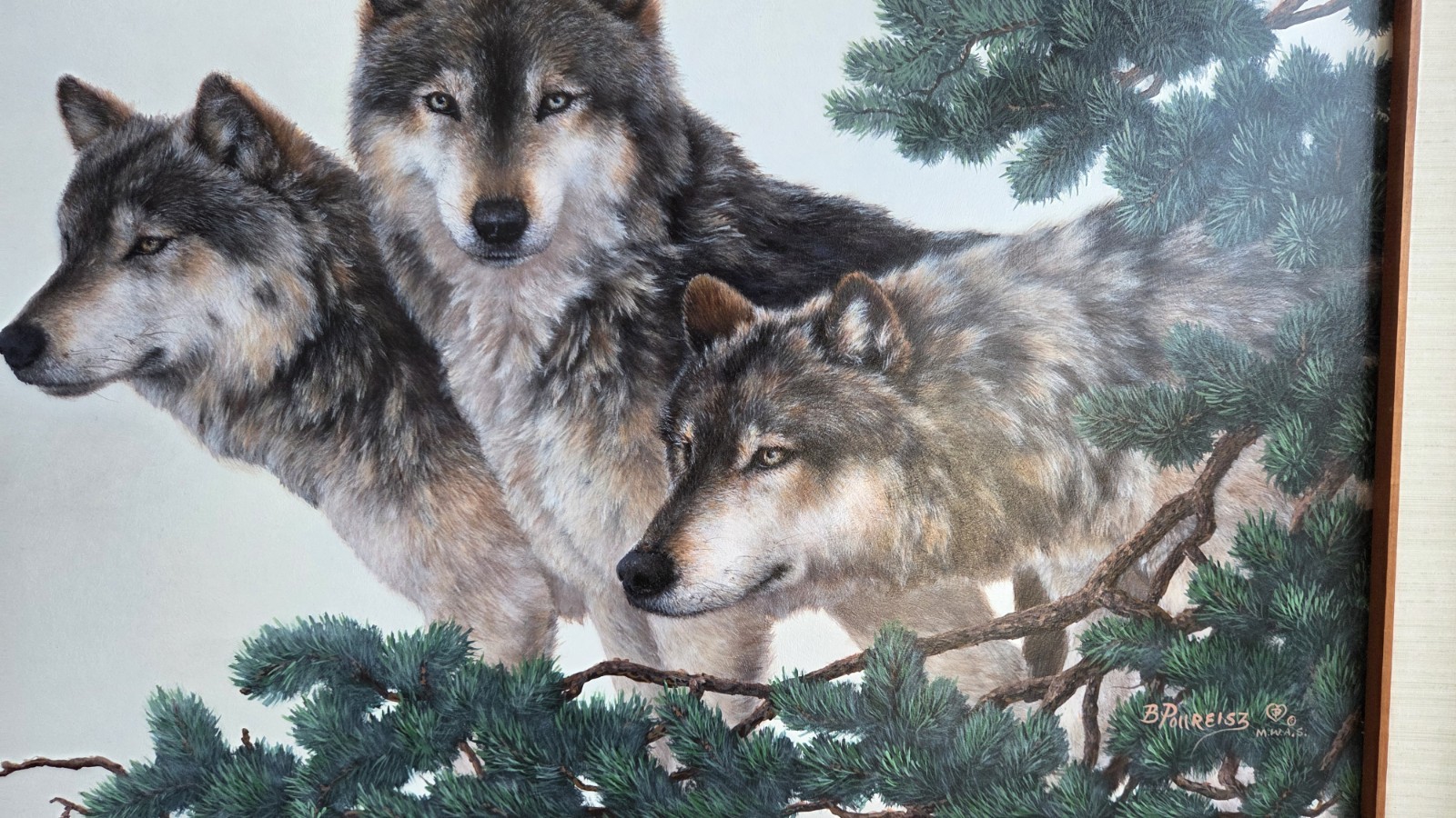 BRENDA POLLREISZ ORIGINAL OIL PAINTING " GRAY SILENCE" WOLVES LARGE