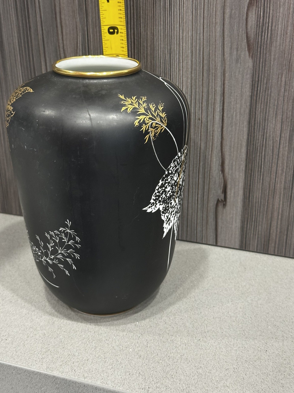 Rosenthal Studio Line Malvacea Porcelain Vase Black Gold Floral Germany 9”Modern