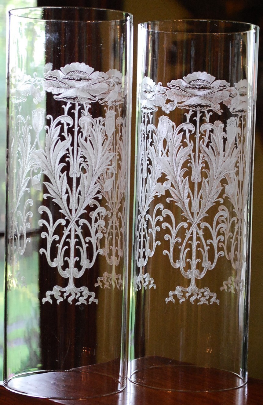 Set 2 TIFFIN FRANCISCAN Crystal Hurricane Lampshades FLANDERS CLEAR ETCH POPPIES
