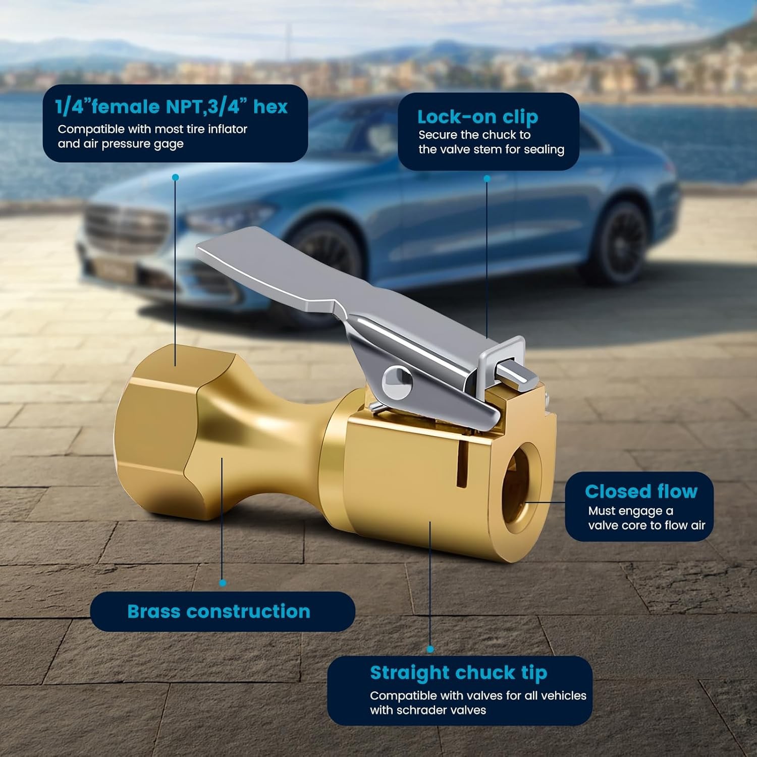 1/4" NPT Air Chuck Nozzle, Open Flow Tire Chuck, Lock on Tire Inflator Chuck