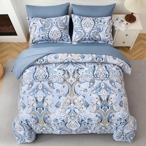 Blue Paisley Comforter Set 7 Pieces Bed in a Bag Boho Queen Light Blue