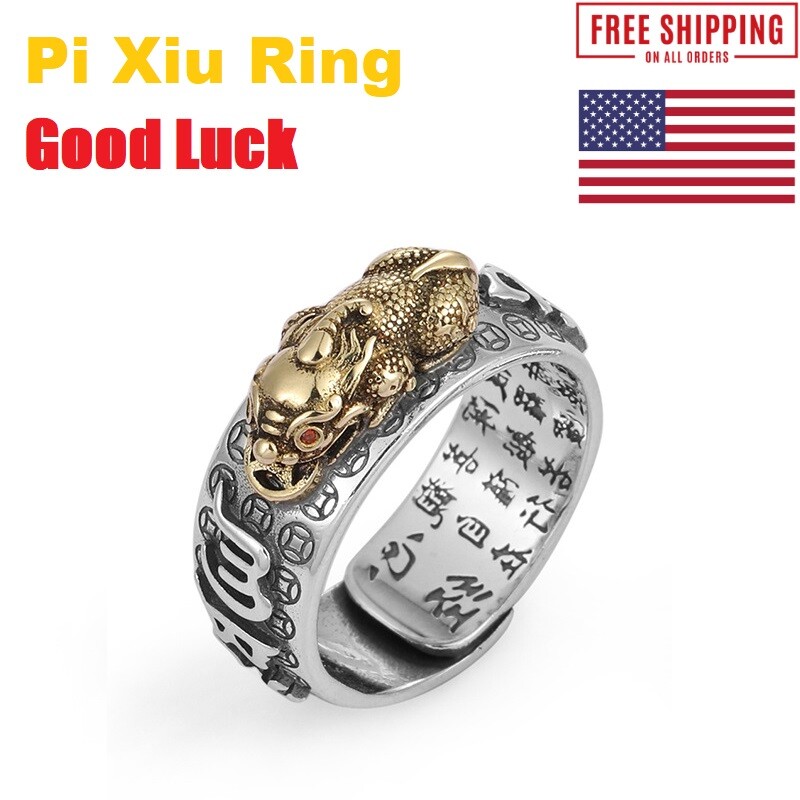 Silver Feng Shui Pixiu Adjustable Ring MANI Mantra Protection Wealth Ring USA