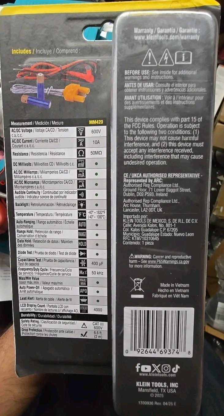 Klein Tools MM420 Digital Multimeter 600V AC/DC with Auto-Ranging TRMS