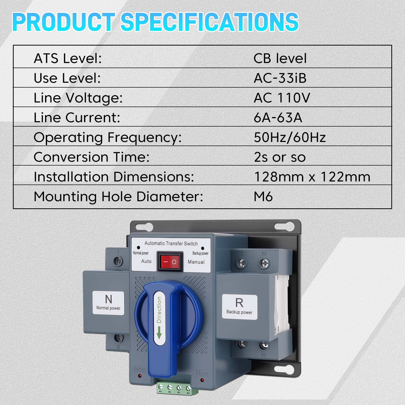 2P Dual Power Automatic Transfer Switch 60HZ Changeover Transfer Switch Tool 63A