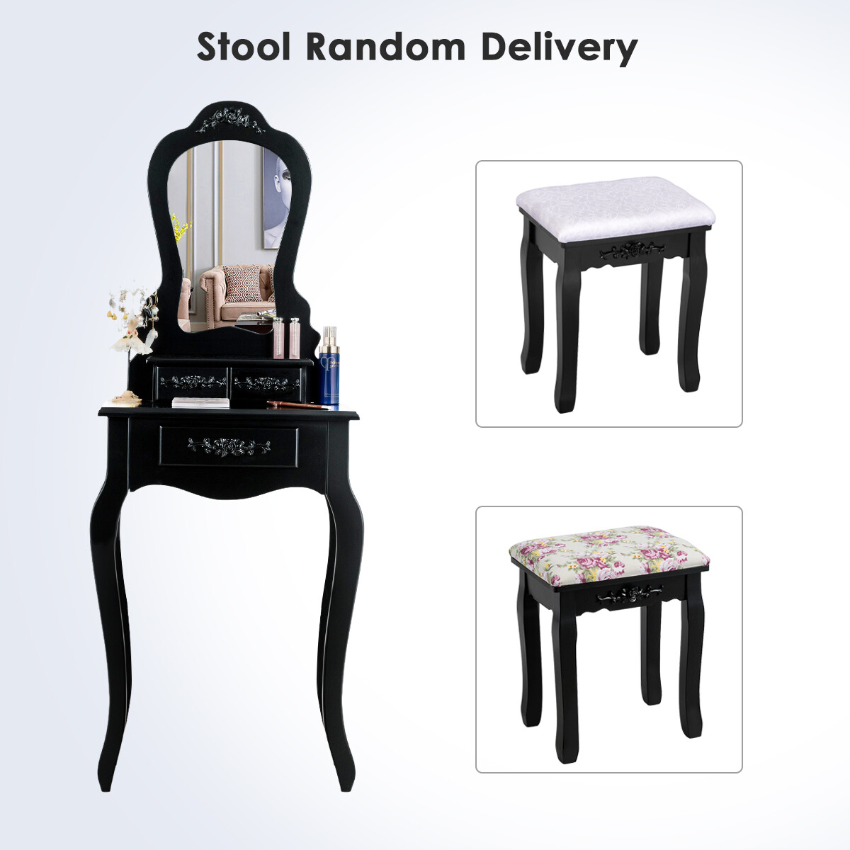 Vanity Wood Makeup Dressing Table Stool Set Jewelry Desk Drawer Mirror Black