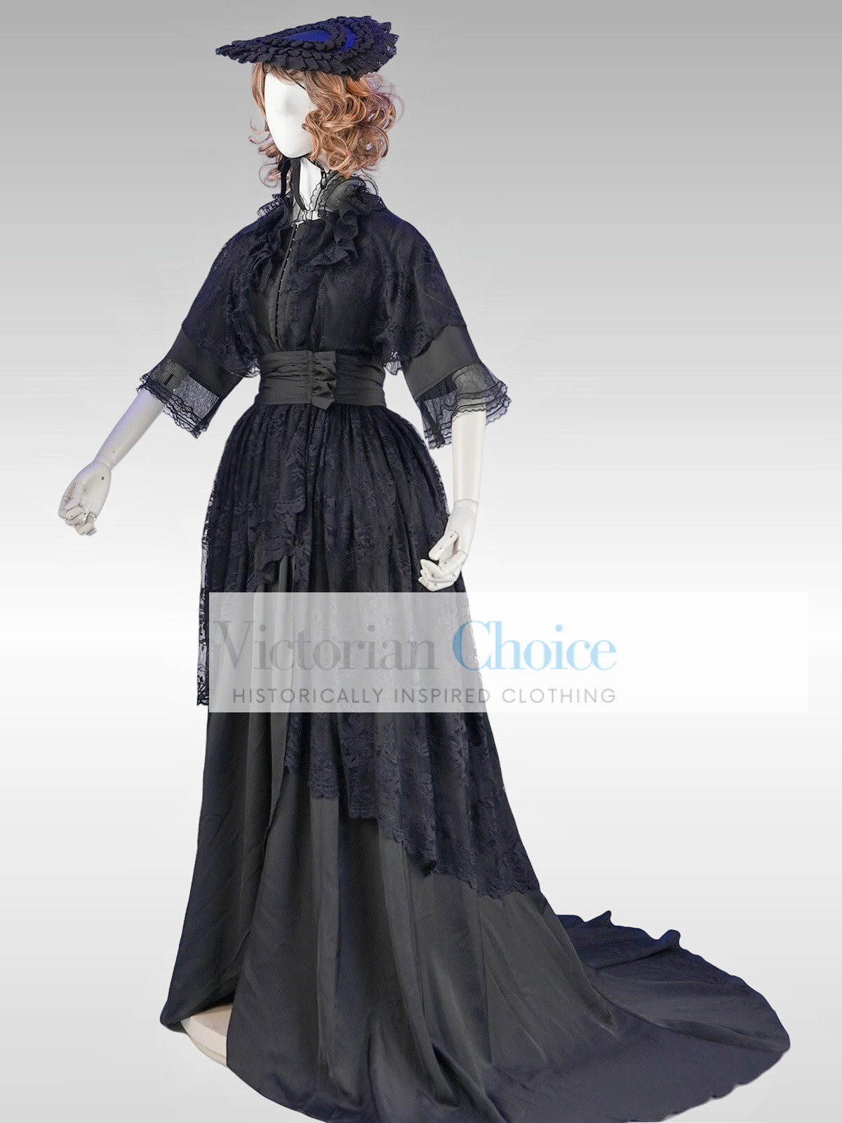 Black Victorian Edwardian Lace Overlay Romantic Gothic Wrapper Dress Theater 841