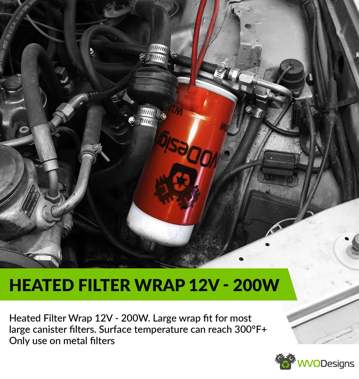 WVO Designs Large Fuel Filter Heater Wrap 200W, 12V (11" x 6")