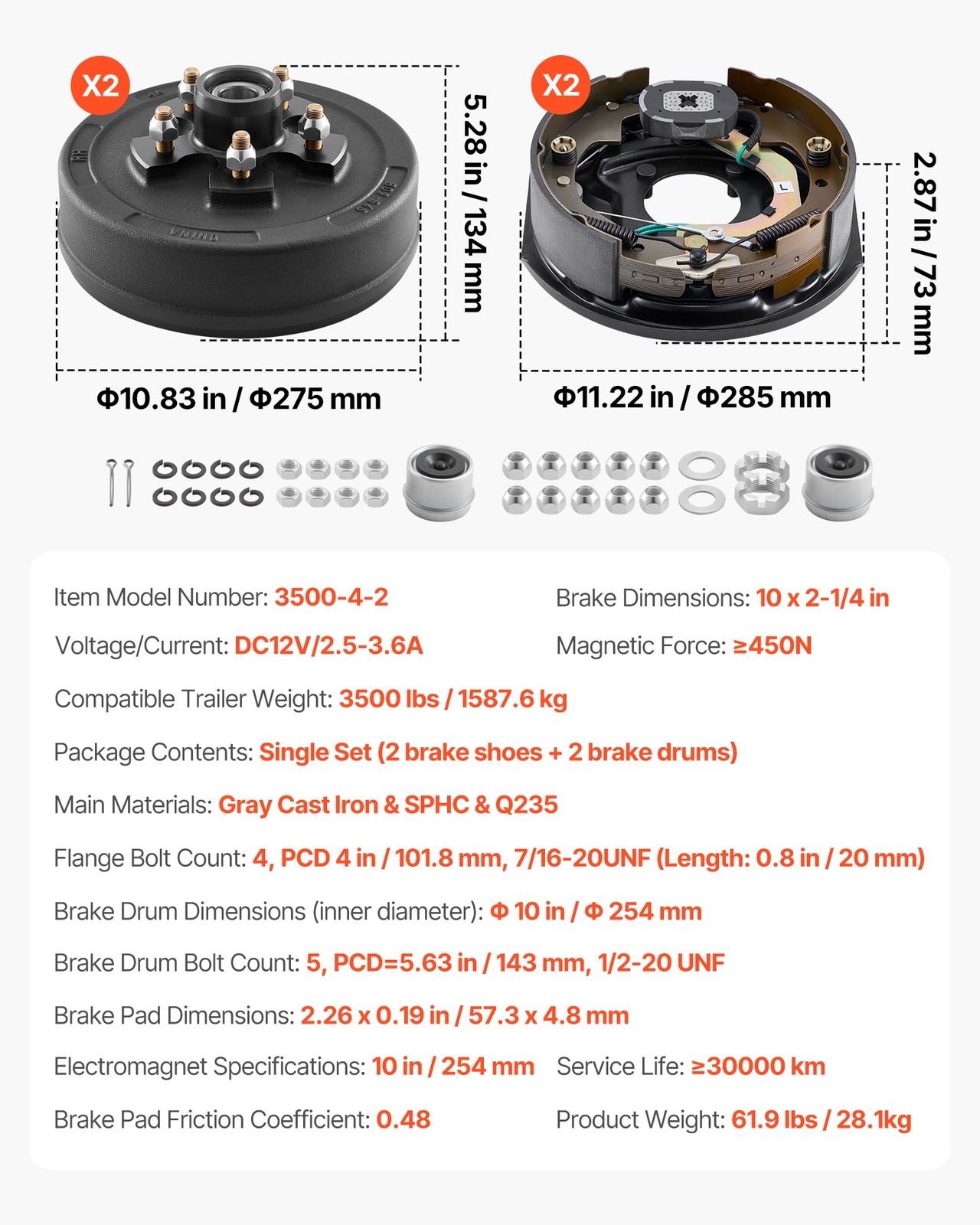 VEVOR Electric Trailer Brake 10 x 2-1/4 in 5-5" Hub Drum Kit for 3500 lbs Axle