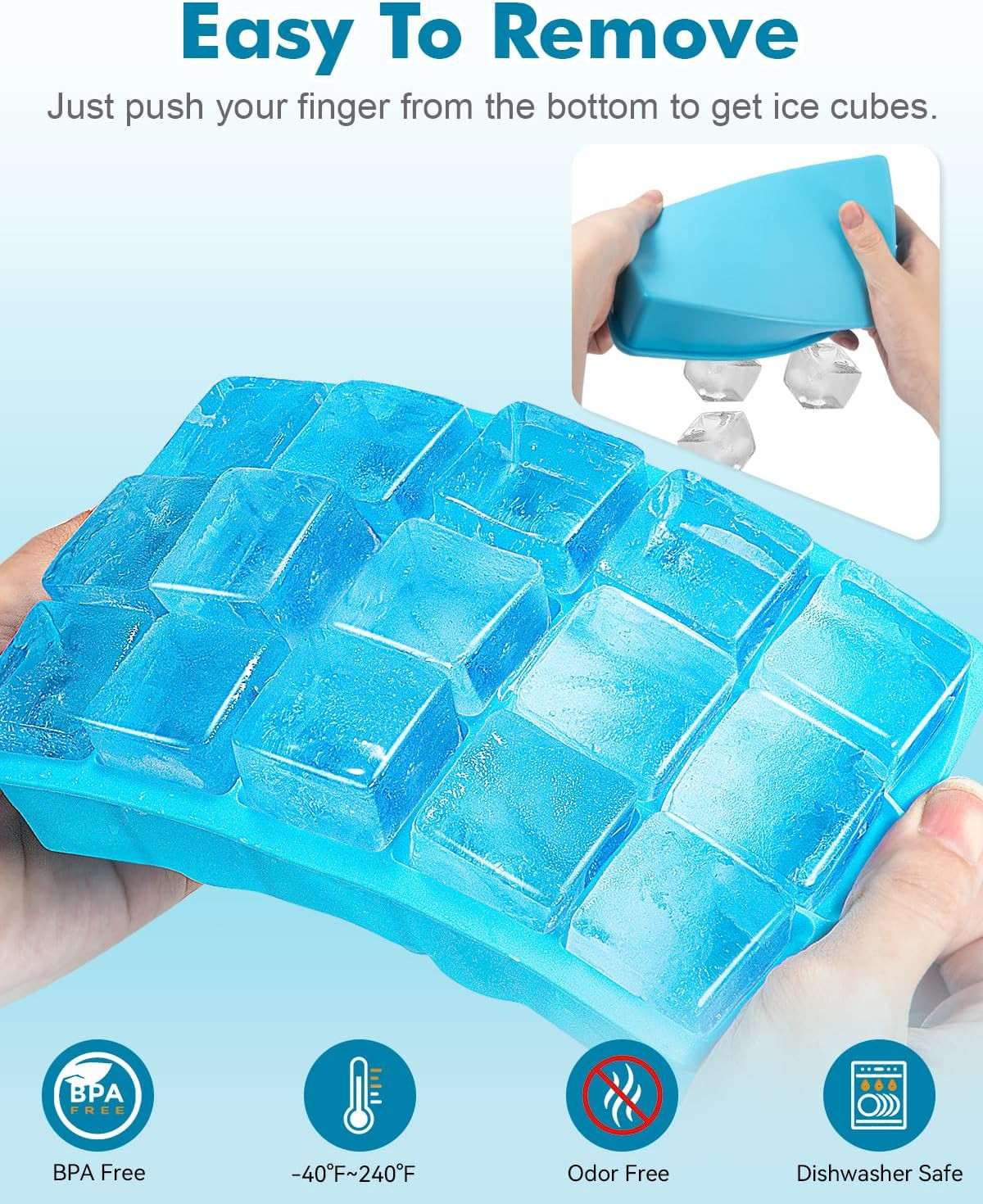 2 Pack Ice Cube Trays, Silicone Easy Release Flexible Molds 15 Ice Cubes Tray f
