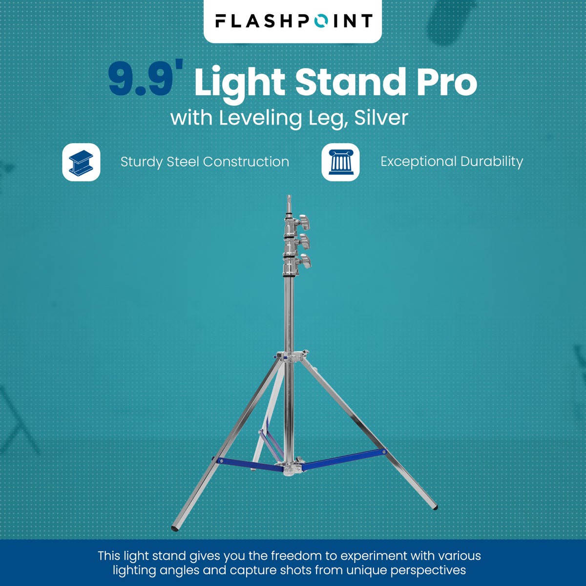 Flashpoint Flashpoint 9.9ft Steel Light Stand Pro with Leveling Leg, Silver, Max
