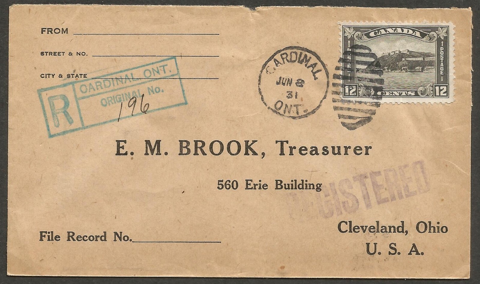 1931 12c Quebec #174 on Cardinal ONT RPO Registered Cover Duplex