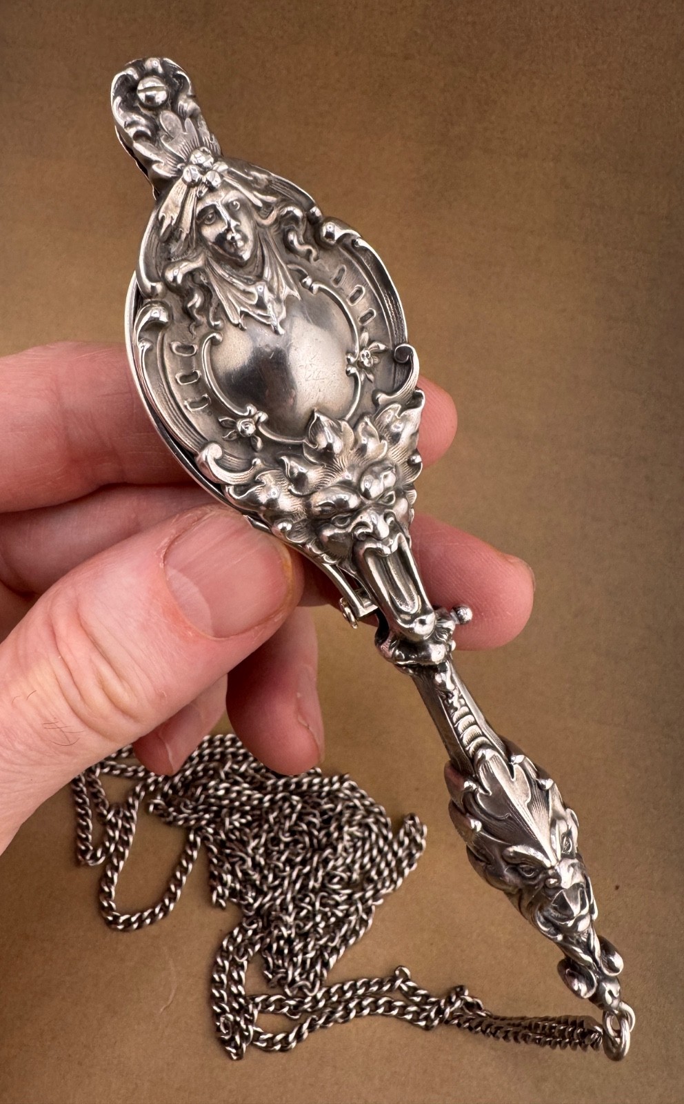 Unger Brothers Sterling Silver Art Nouveau Lorgnette Devil Male Figure 5.25"
