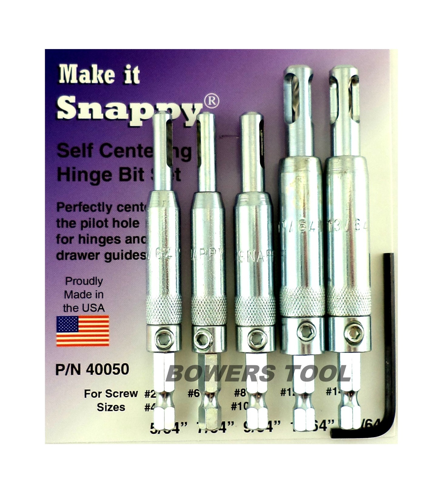 Snappy 5pc Self Centering Hinge Drill Bit Set #2–14 Cabinet MADE IN USA