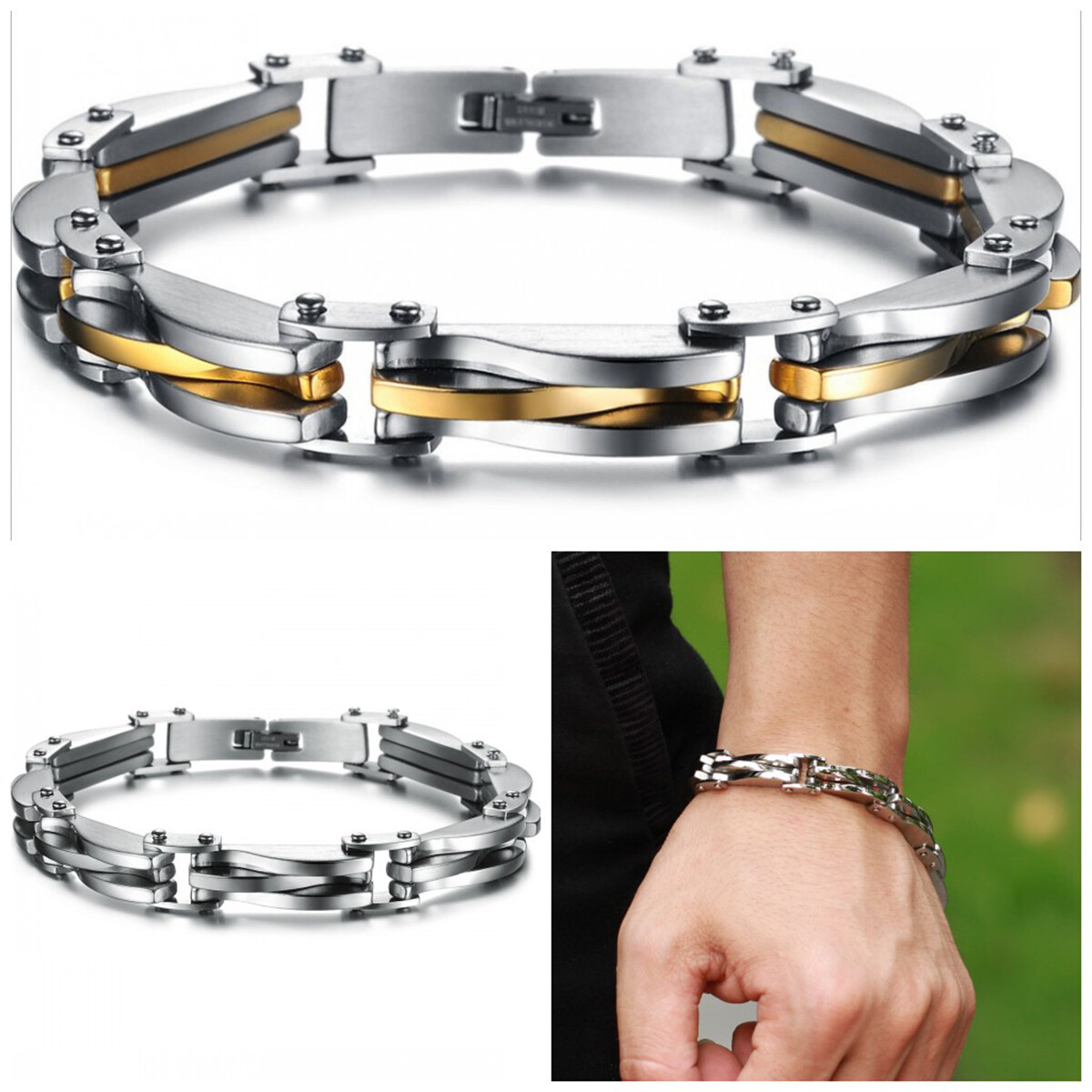 Two Tone Stainless Steel Men's Chain Link Bracelet Wristband Cuff Bangle 8.66"