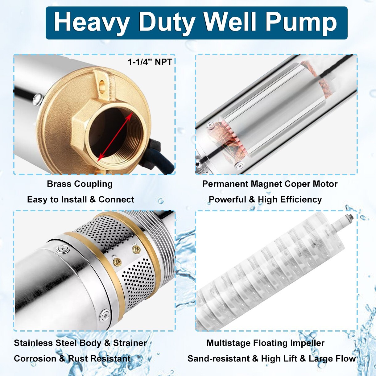 3/4 HP 3" Deep Well Submersible Pump, 115V, 13 GPM, 247 ft MAX,60Hz, 1.25 in NPT