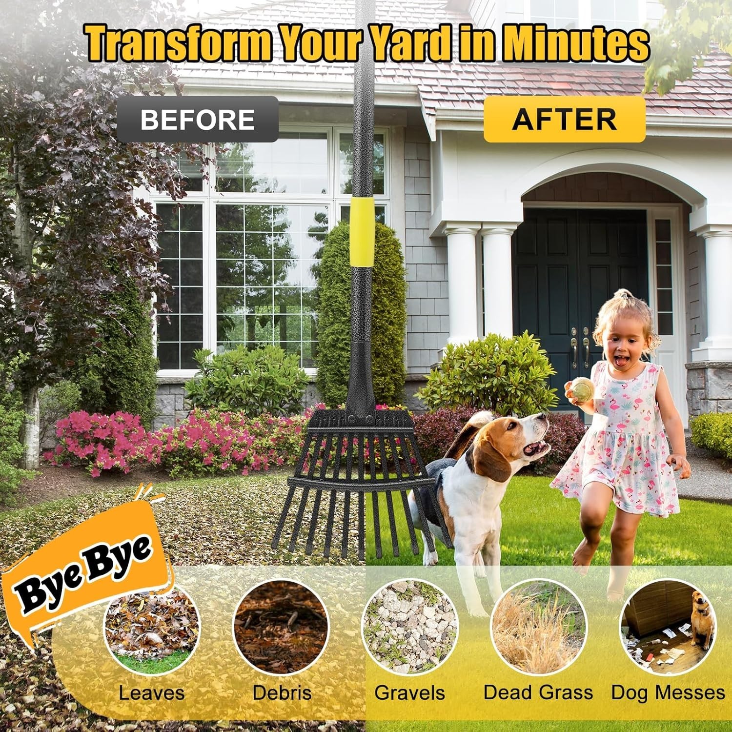 Heavy Duty Garden Leaf Rake 8.5" Wide Extendable Handle Compact Steel