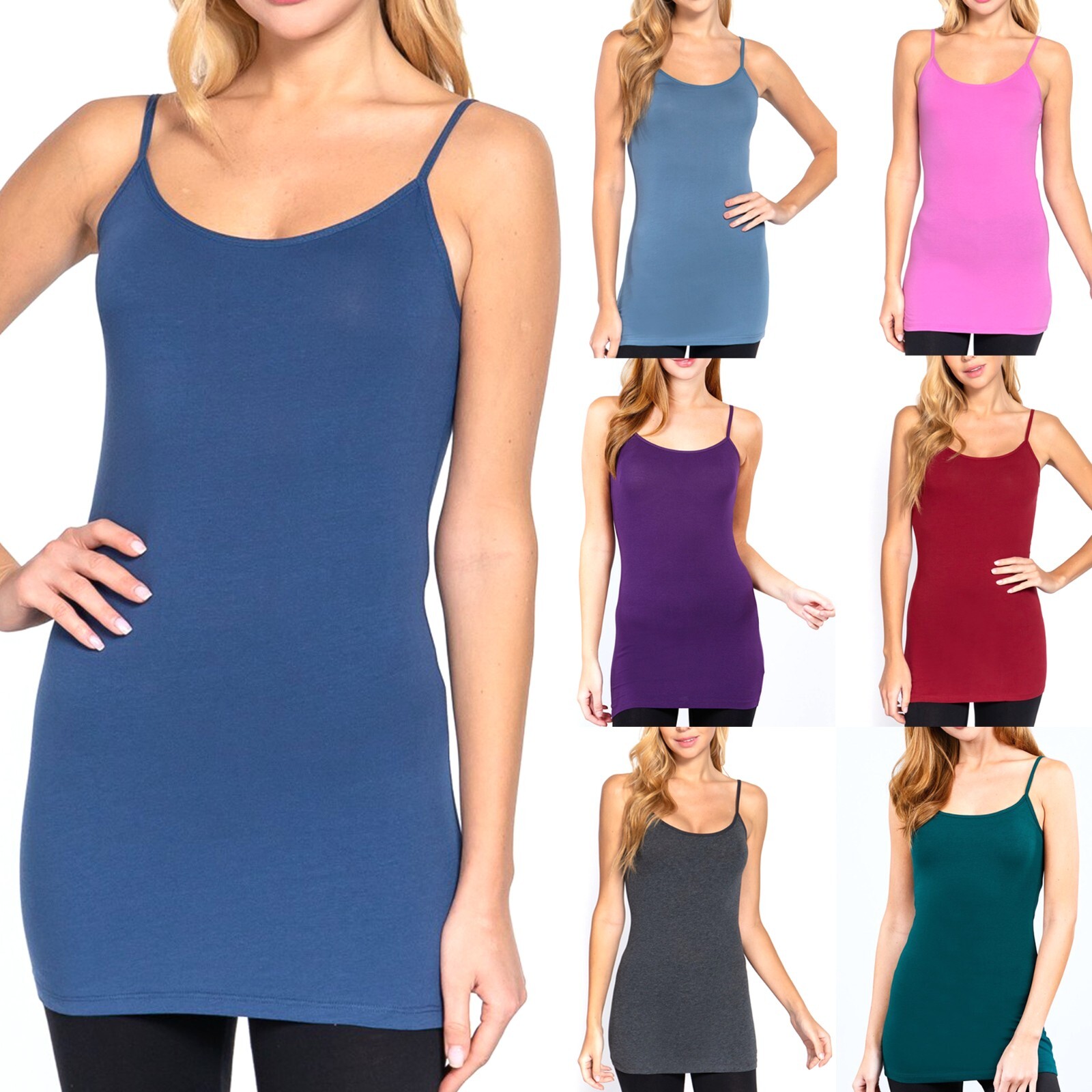 Womens Long Camisole Tank Top Cami Tunic Cotton Layering Plain Solid Basic