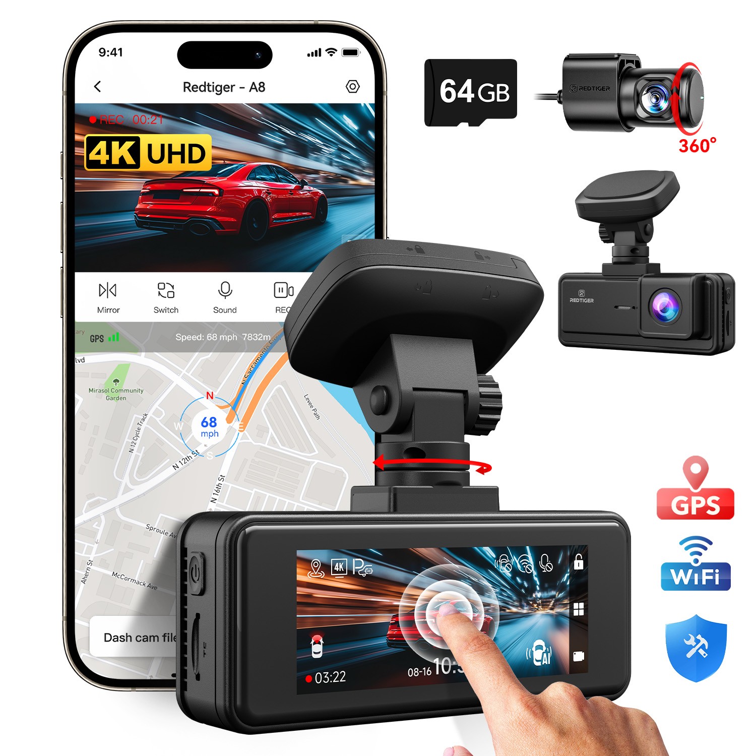 REDTIGER A8 64GB Card 4K Dash Cam Front and Rear,Touch Screen,Loop Recording