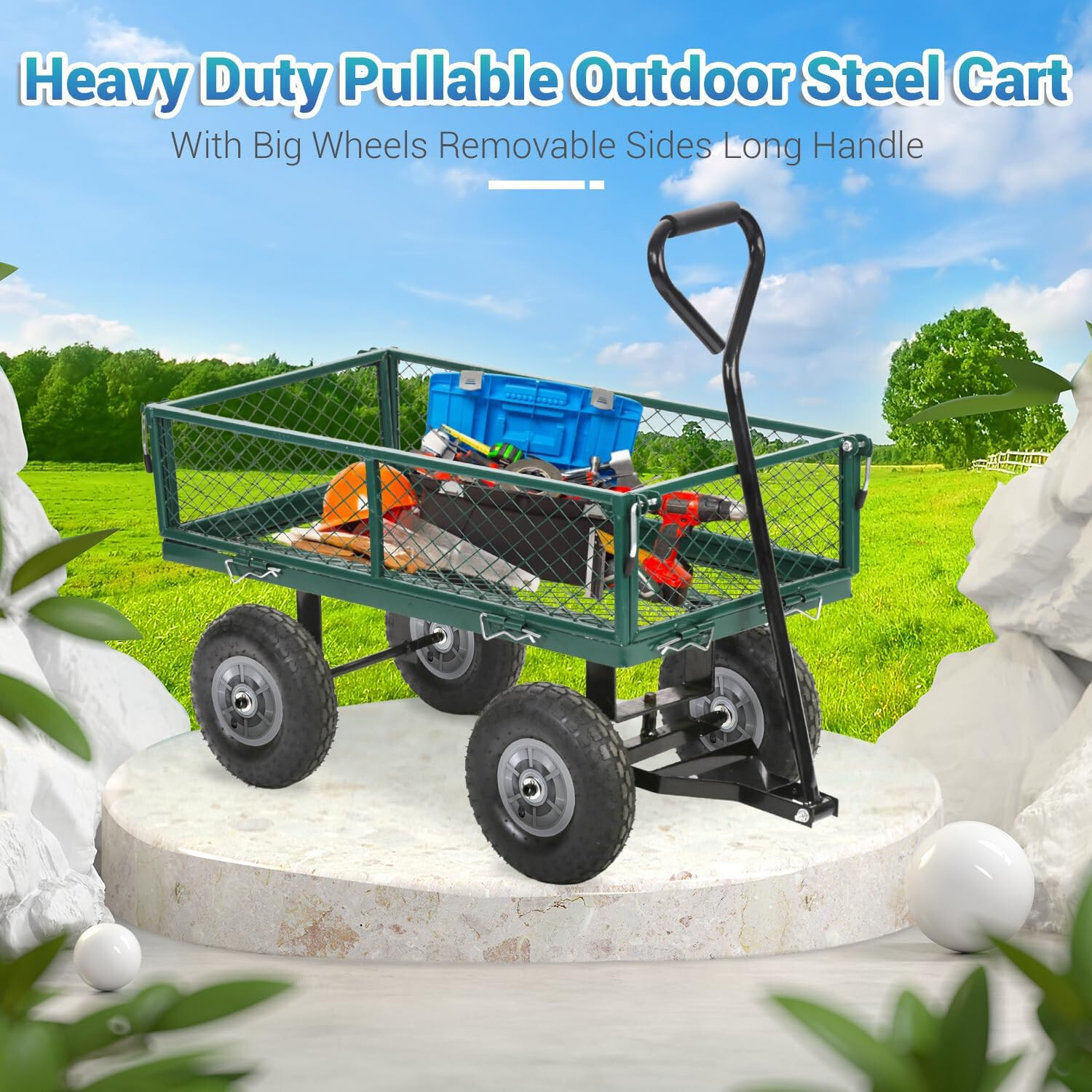 Garden Carts Yard Dump Wagon Cart Lawn Utility Cart Outdoor Steel Heavy Duty