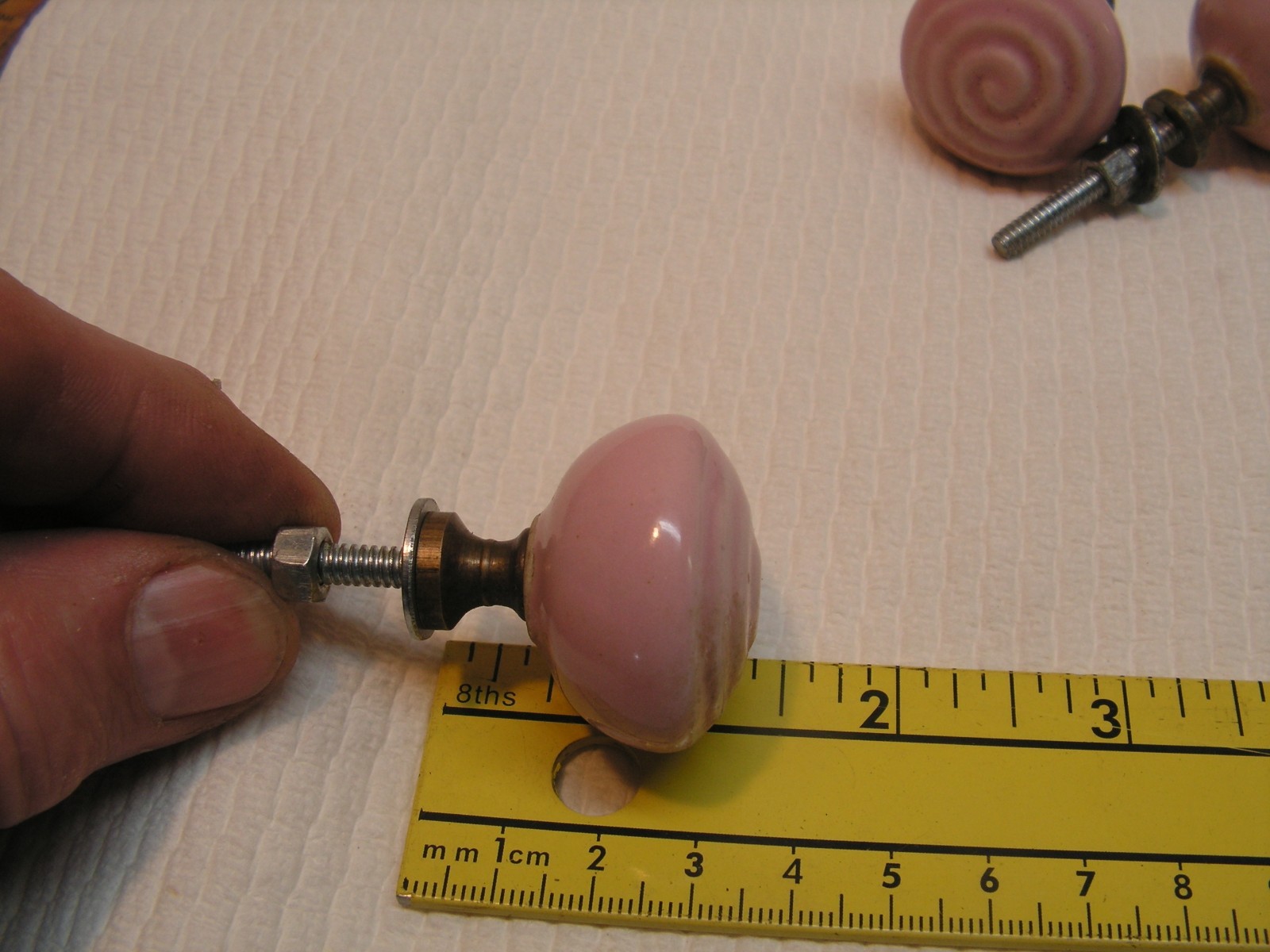 4 Vintage Porcelain Drawer Pull Handle PINK SPIRAL Cabinet Knobs NICE!