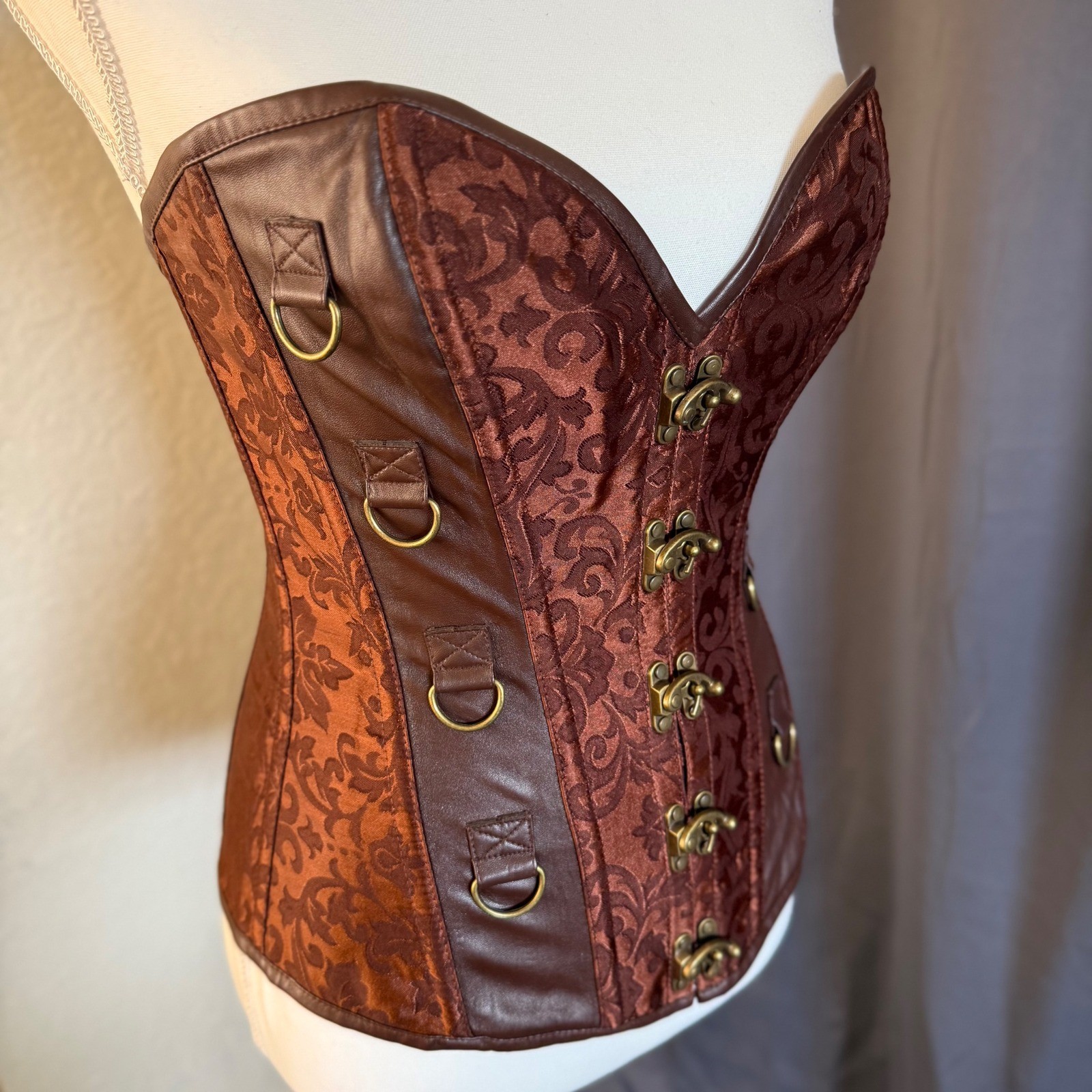 Steampunk Corset Brown Damask Faux Leather Hook Eye Small