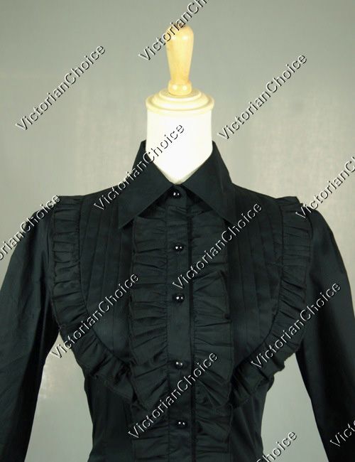 Victorian Gothic Women Romantic Vintage Ruffle Black Blouse Shirt Steampunk B007