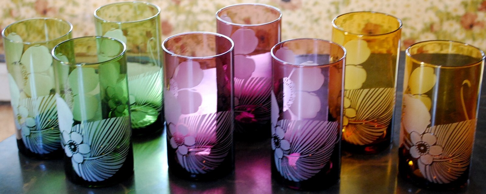 Vtg Set 8 PIER 1 Tumbler Glasses ETCHED FLOWER Hand Blown 6" Multicolor 20 Ounce