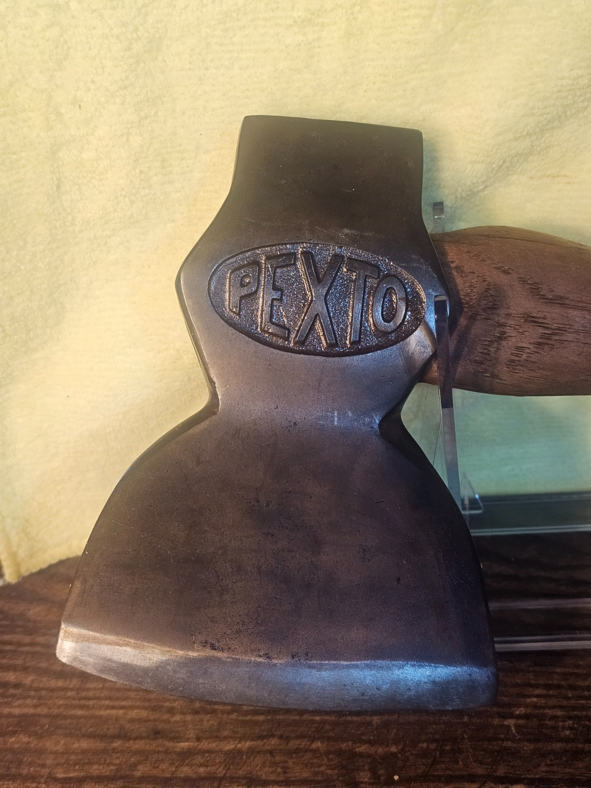 Antique embossed PEXTO broad carpenter hatchet axe